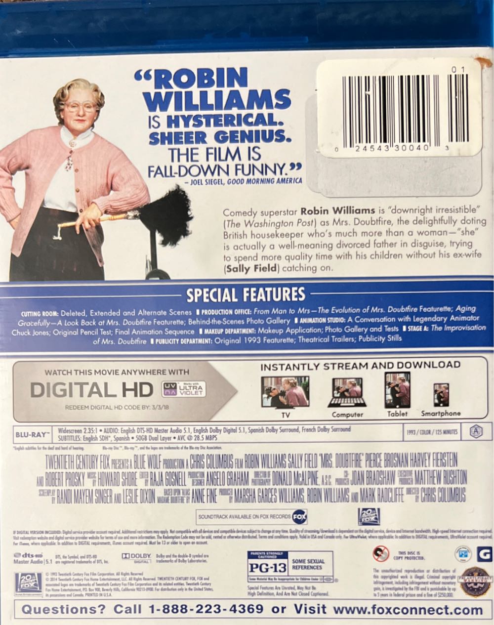 Mrs. Doubtfire Blu-ray movie collectible [Barcode 024543300403] - Main Image 2