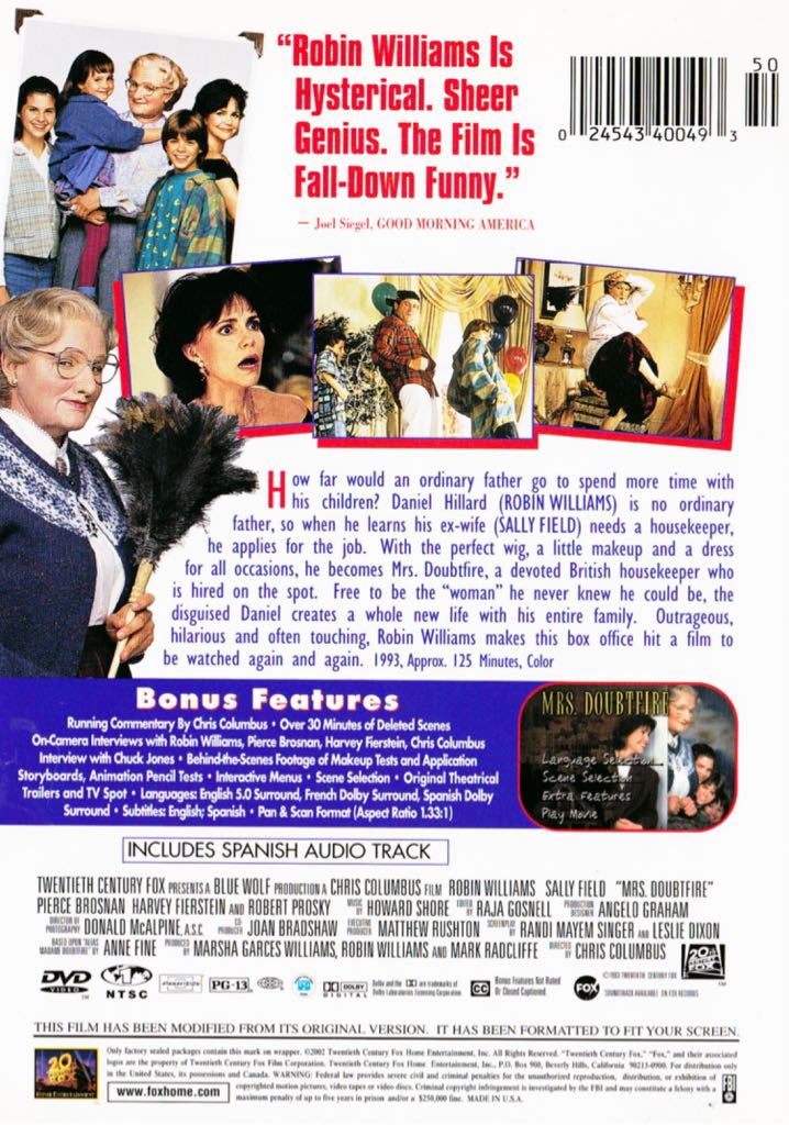 Mrs. Doubtfire DVD movie collectible [Barcode 061200007107] - Main Image 2