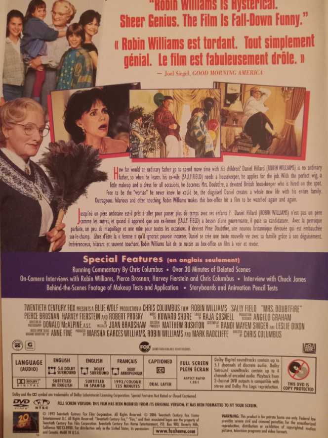 Mrs. Doubtfire DVD movie collectible [Barcode 8010312025976] - Main Image 2