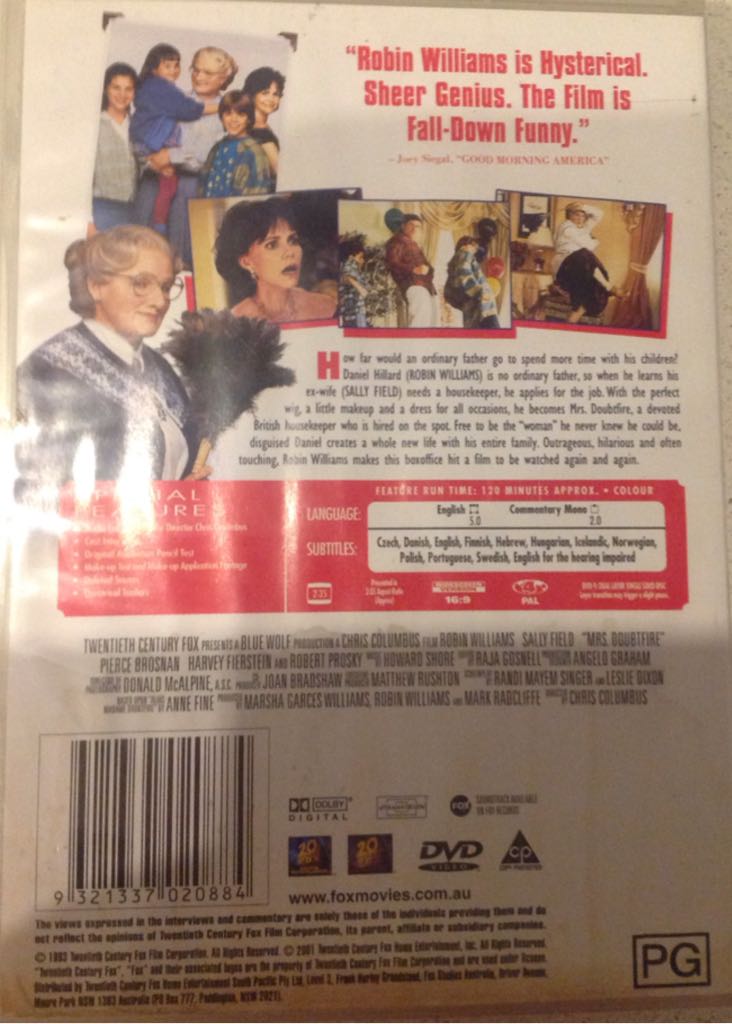 Mrs Doubtfire DVD movie collectible [Barcode 9321337020884] - Main Image 2