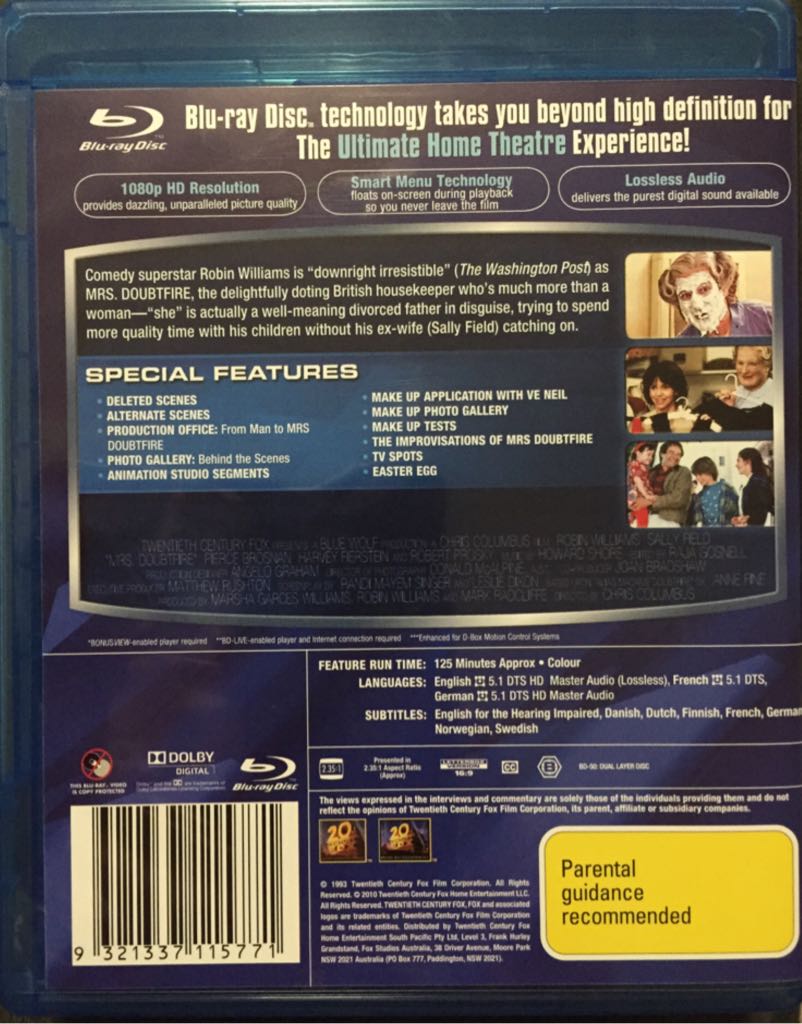 Mrs. Doubtfire Blu-ray movie collectible [Barcode 9321337115771] - Main Image 2