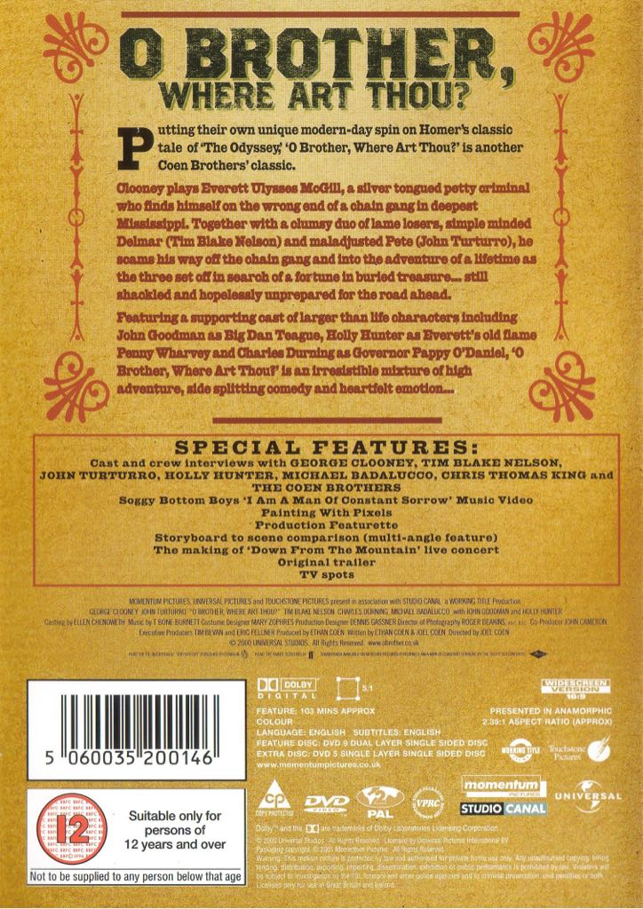 O Brother, Where Art Thou? DVD movie collectible [Barcode 5060035200146] - Main Image 2