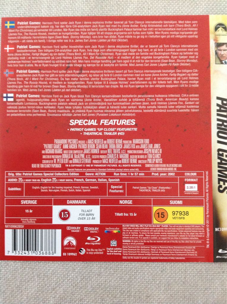 Patriot Games Blu-ray movie collectible [Barcode 7332431036888] - Main Image 2