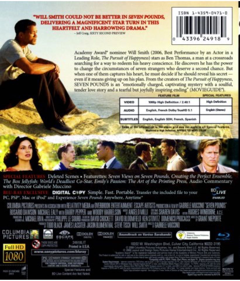 Seven Pounds Blu-ray movie collectible [Barcode 043396249189] - Main Image 2