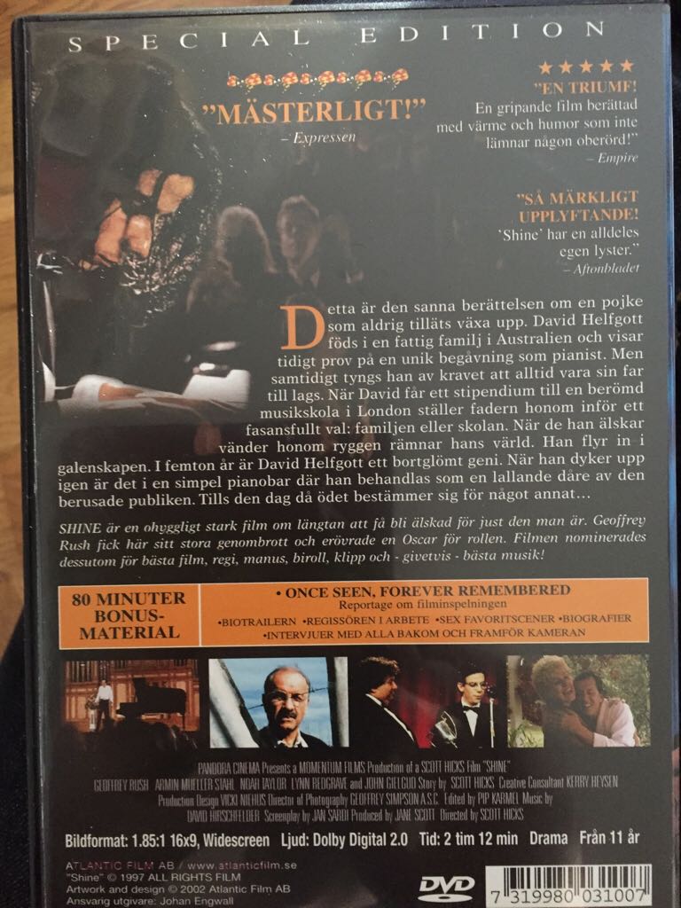 Shine DVD movie collectible [Barcode 7319980031007] - Main Image 2