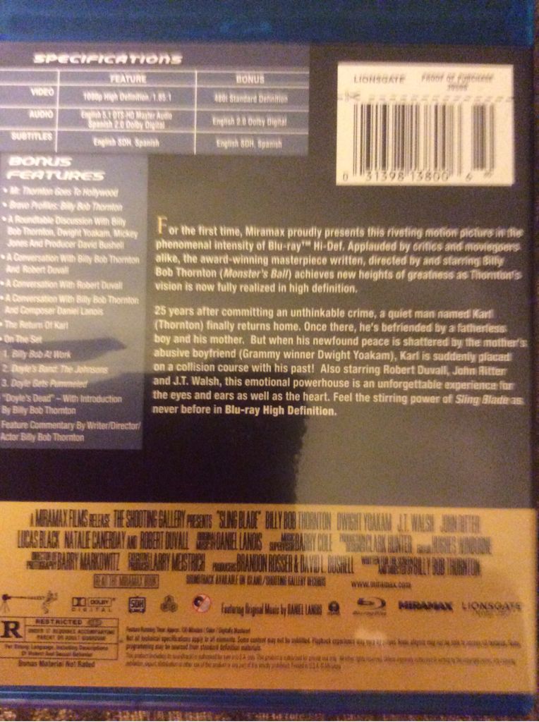 Sling Blade Blu-ray movie collectible [Barcode 031398138006] - Main Image 2