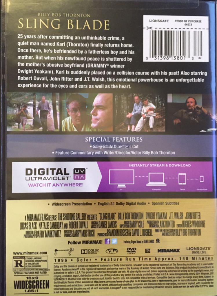 Sling Blade DVD movie collectible [Barcode 031398138013] - Main Image 2