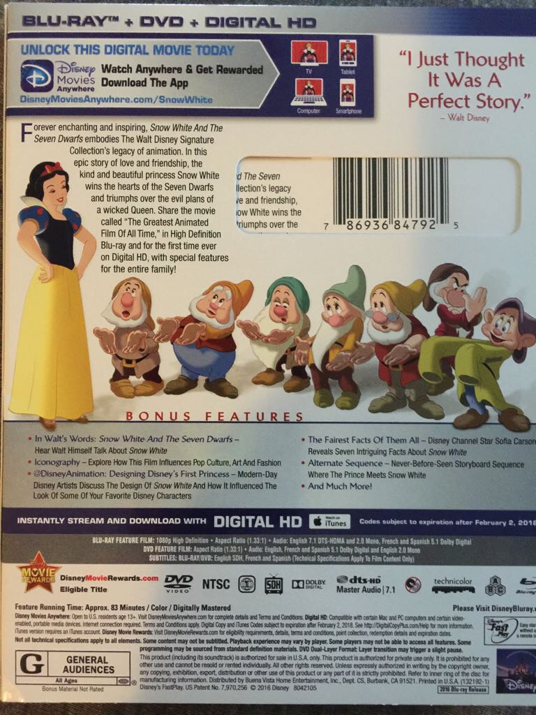 Snow White and the Seven Dwarfs Blu-ray movie collectible [Barcode 786936847925] - Main Image 2