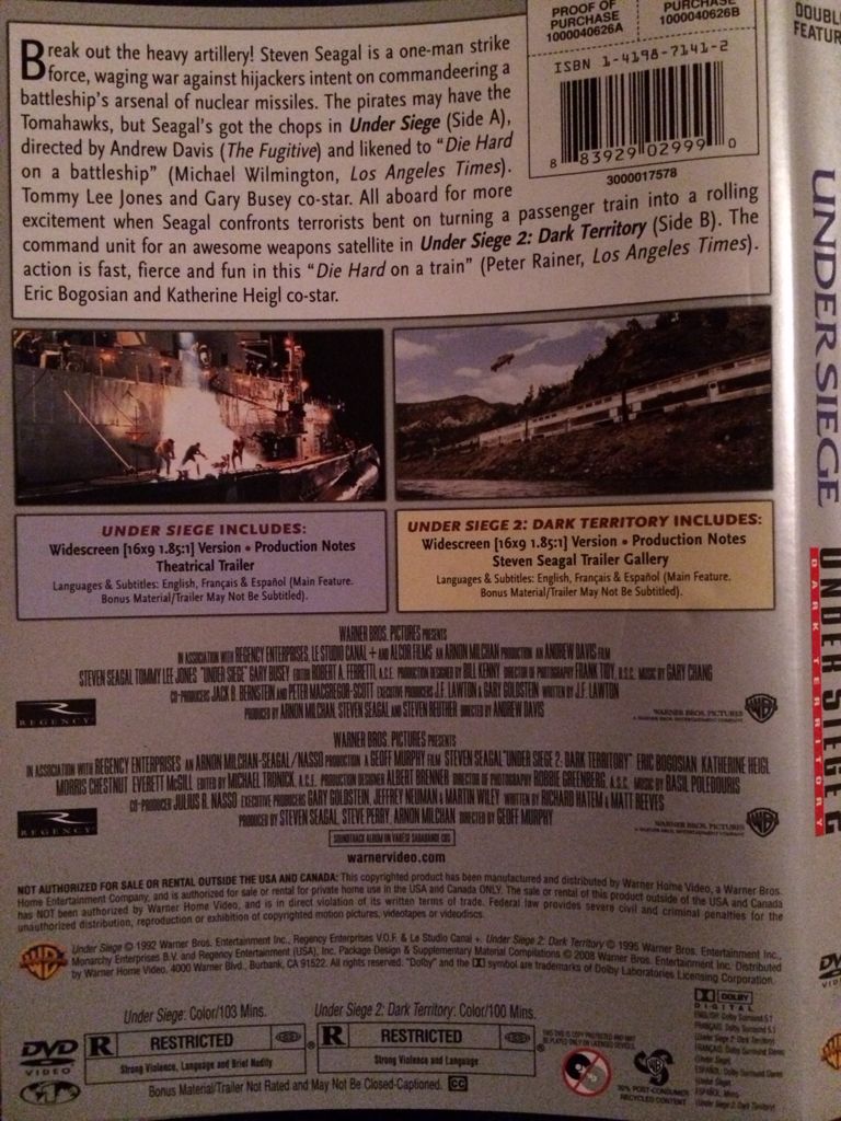 Under Siege.  I41 DVD movie collectible [Barcode 883929029990] - Main Image 2