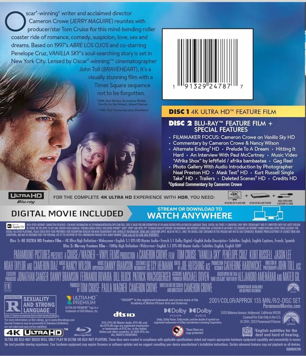 Vanilla Sky Blu-ray movie collectible [Barcode 883929404636] - Main Image 2