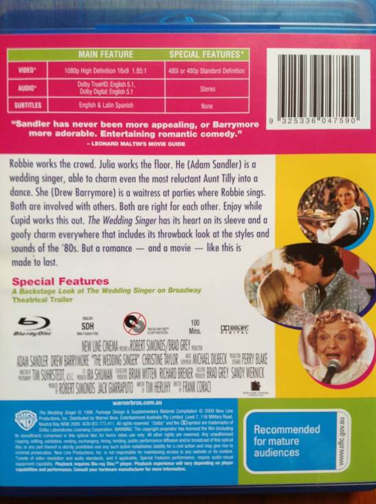 The Wedding Singer Blu-ray movie collectible [Barcode 9325336047590] - Main Image 2
