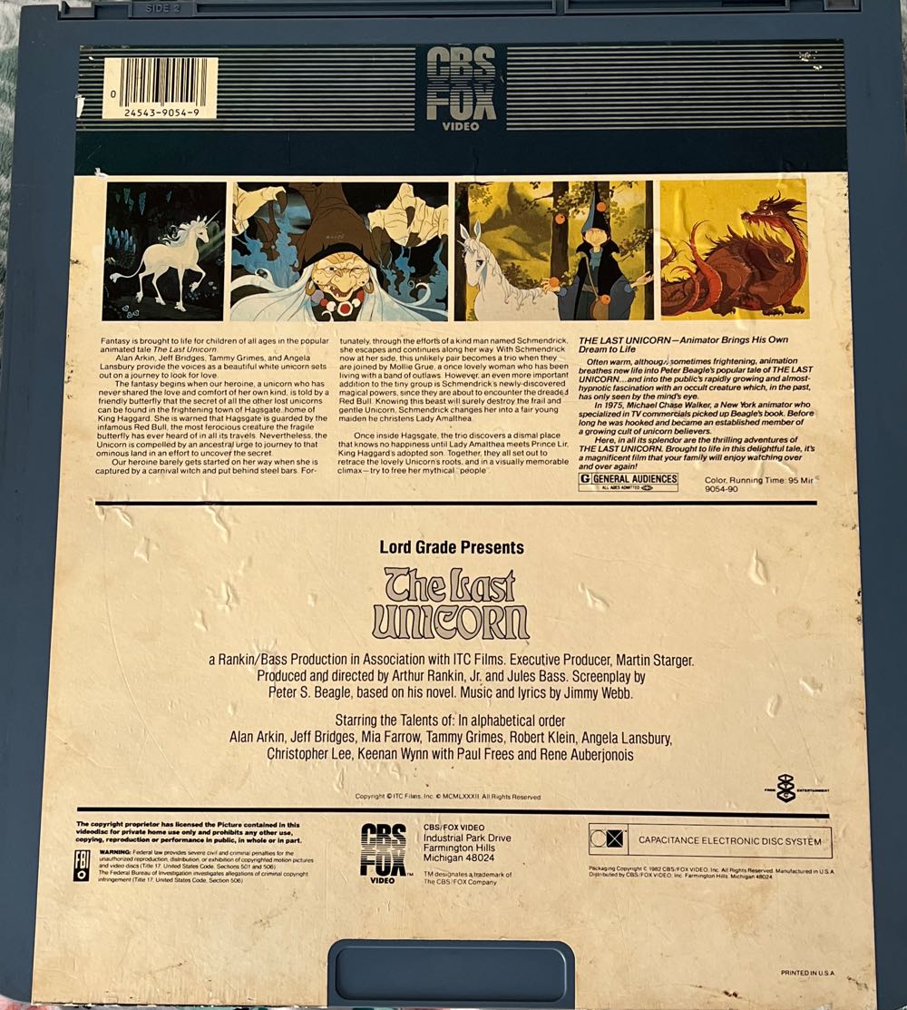 The Last Unicorn CED movie collectible [Barcode 024543905493] - Main Image 2