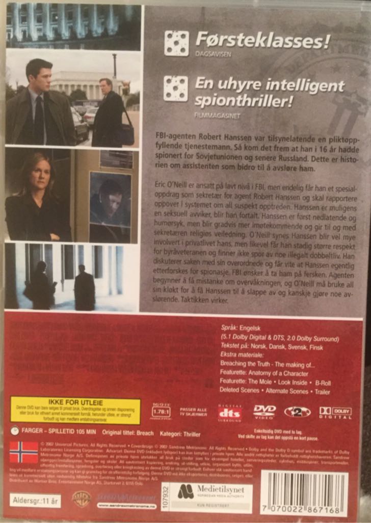 Avsløringen - Breach DVD movie collectible [Barcode 7070022867168] - Main Image 2