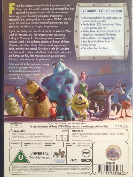 Monsters, Inc. DVD movie collectible [Barcode 5017188883986] - Main Image 2