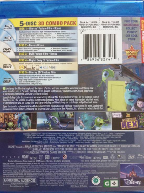 Monsters, Inc. 3D Blu-ray movie collectible [Barcode 786936827415] - Main Image 2