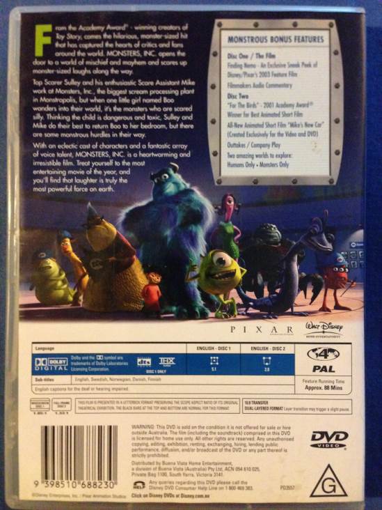 Monsters Inc. DVD movie collectible [Barcode 9398510688230] - Main Image 2