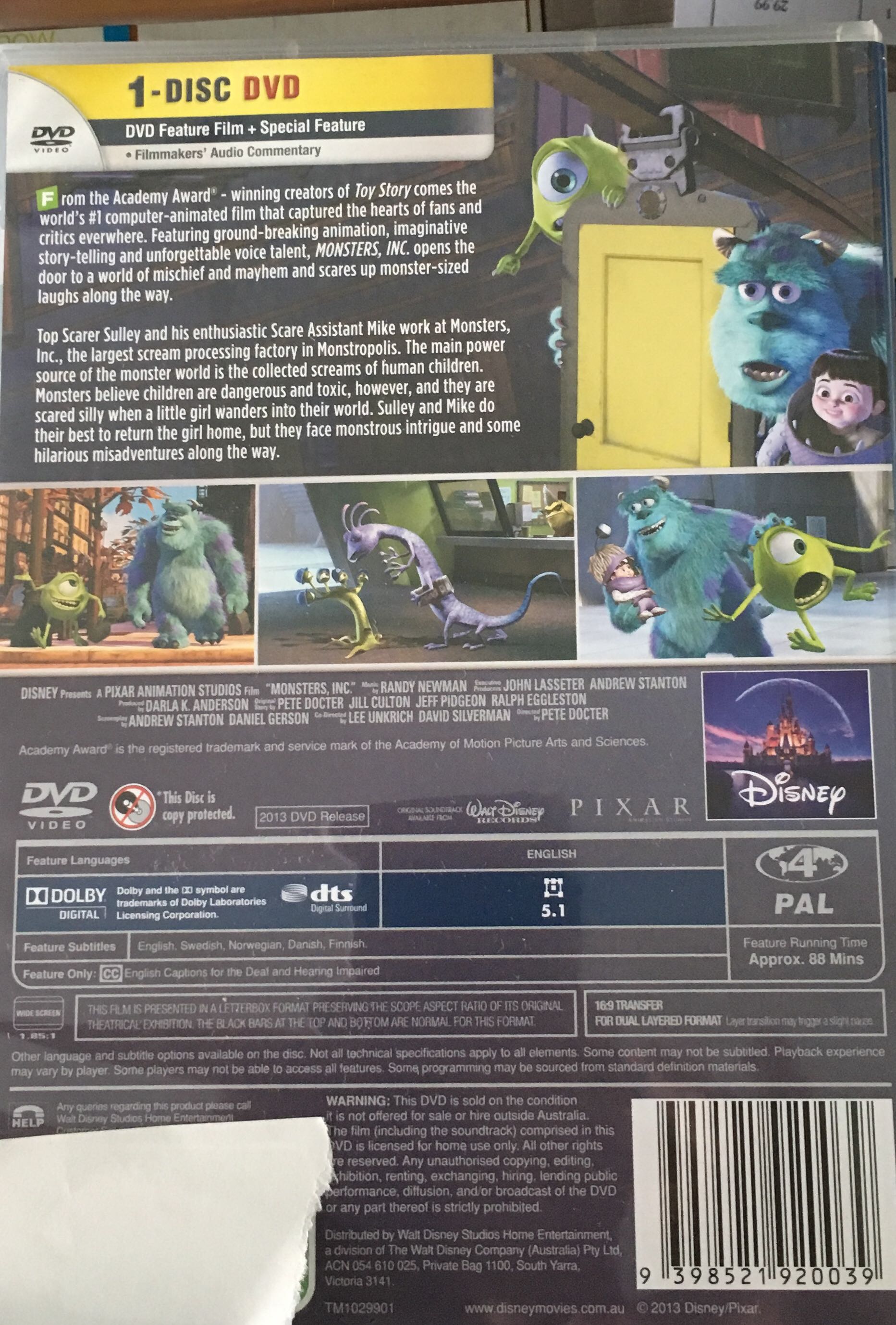 Monsters, Inc. (2001) DVD DVD movie collectible [Barcode 9398521920039] - Main Image 2