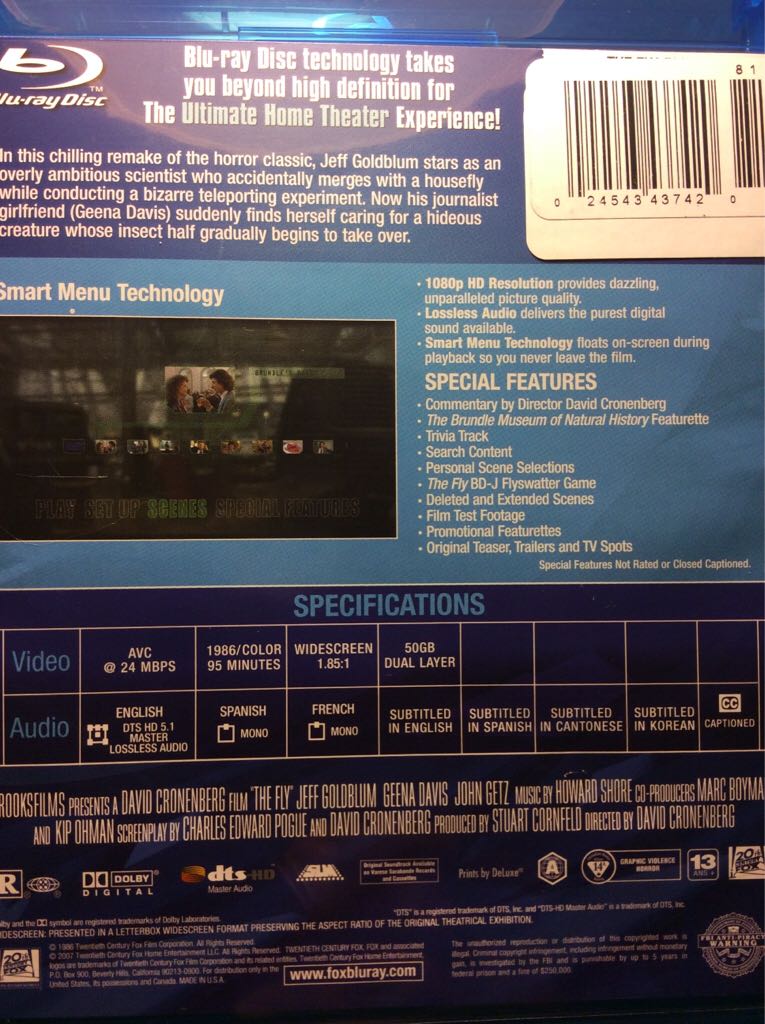 The Fly Blu-ray movie collectible [Barcode 0024543427896] - Main Image 2