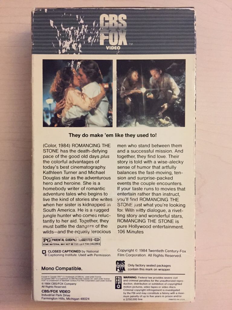 Romancing the Stone VHS movie collectible [Barcode 9321337052250] - Main Image 2