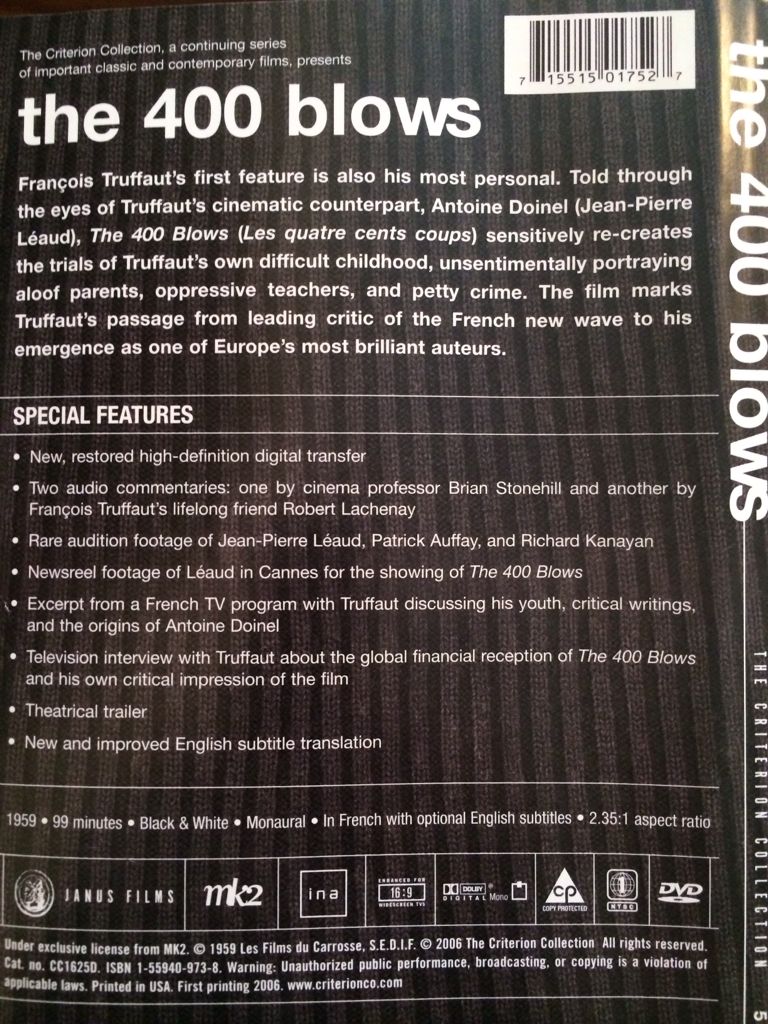 The 400 Blows DVD movie collectible [Barcode 715515017527] - Main Image 2