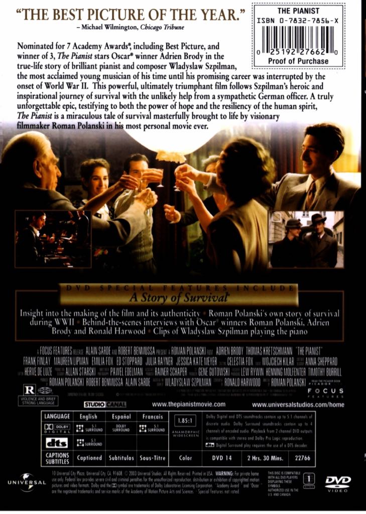 The Pianist DVD movie collectible [Barcode 025192276620] - Main Image 2