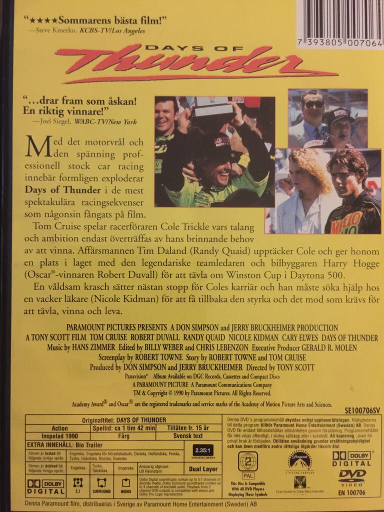 Days of Thunder DVD movie collectible [Barcode 7393805007064] - Main Image 2