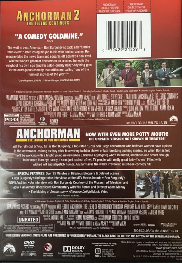 Anchorman: 1: The Legend Of Ron Burgundy DVD movie collectible [Barcode 5050583013374] - Main Image 2