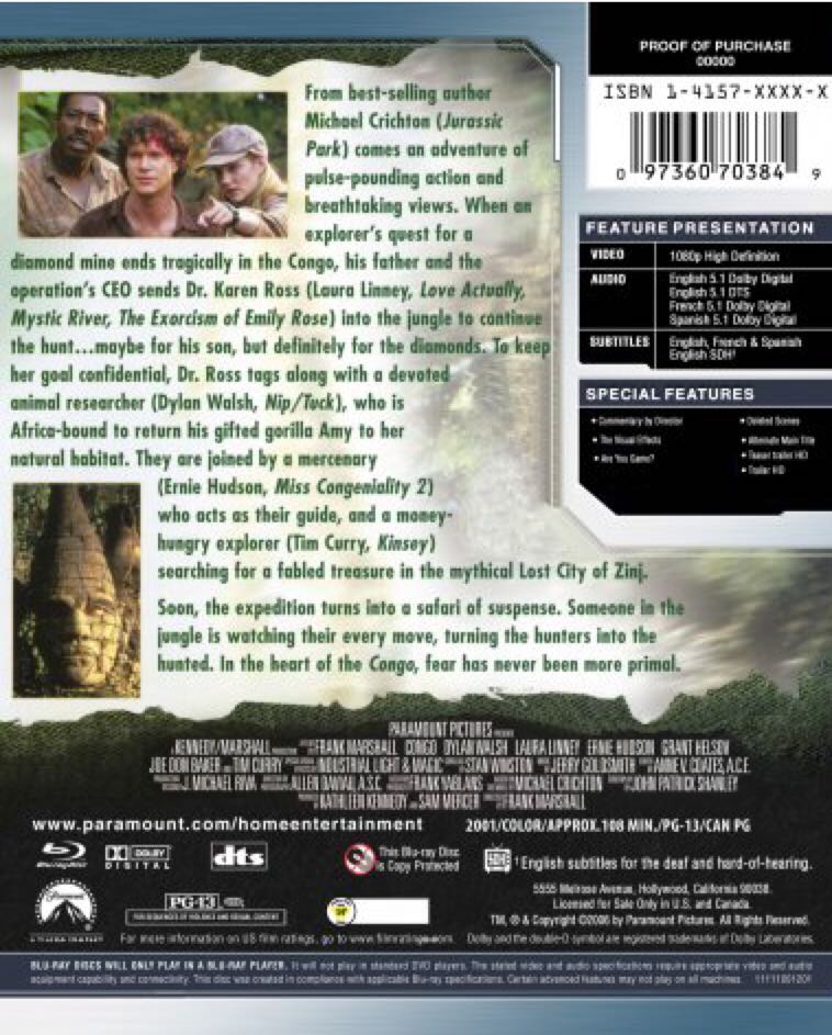 🟦Congo Blu-ray movie collectible [Barcode 883929409709] - Main Image 2