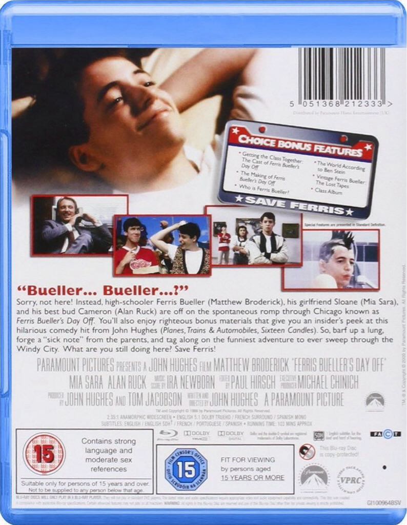 Ferris Bueller’s Day Off Blu-ray movie collectible [Barcode 5051368212333] - Main Image 2