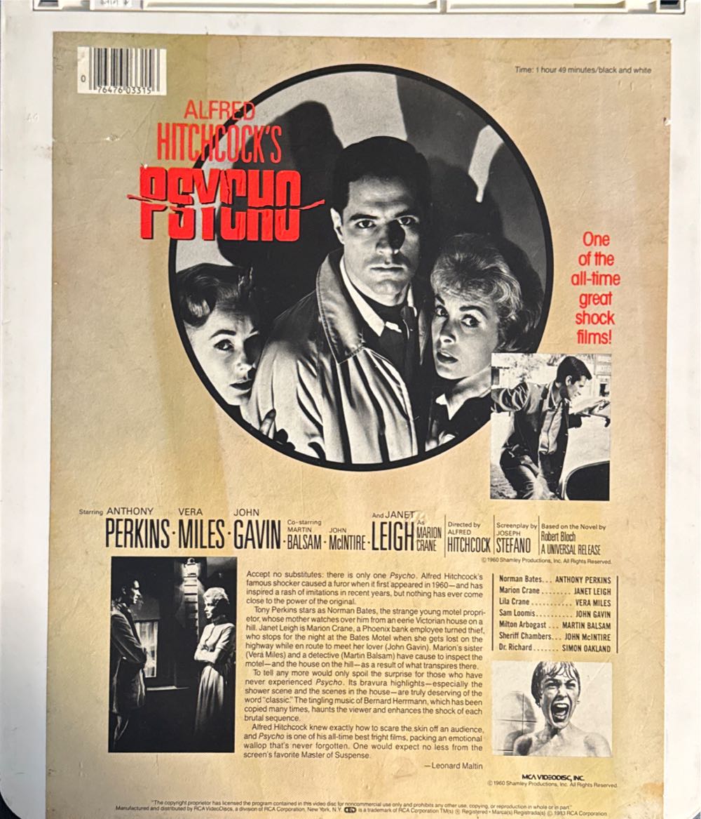 CED : HITCHCOCK : Psycho CED movie collectible [Barcode 076476033156] - Main Image 2
