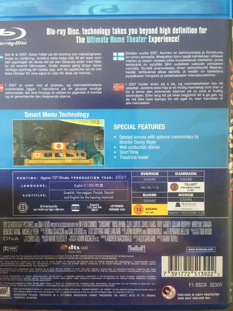 Sunshine Blu-ray movie collectible [Barcode 7391772513922] - Main Image 2