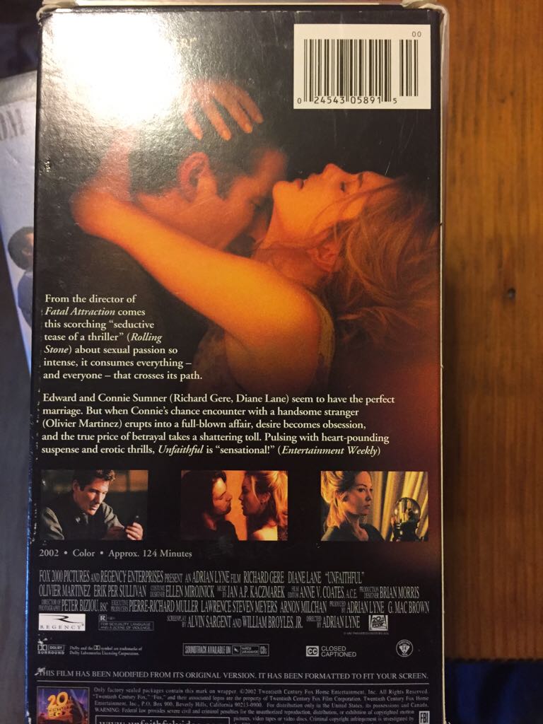 Unfaithful VHS movie collectible [Barcode 024543058915] - Main Image 2