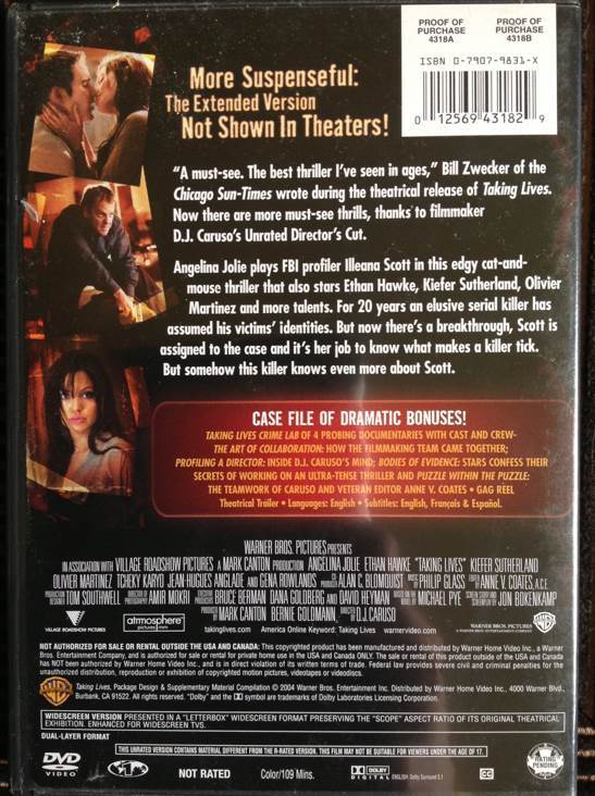 Taking Lives.  P20 DVD movie collectible [Barcode 012569431829] - Main Image 2