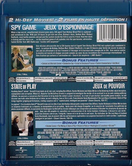 Spy Game / State of Play Blu-ray movie collectible [Barcode 025192094255] - Main Image 2