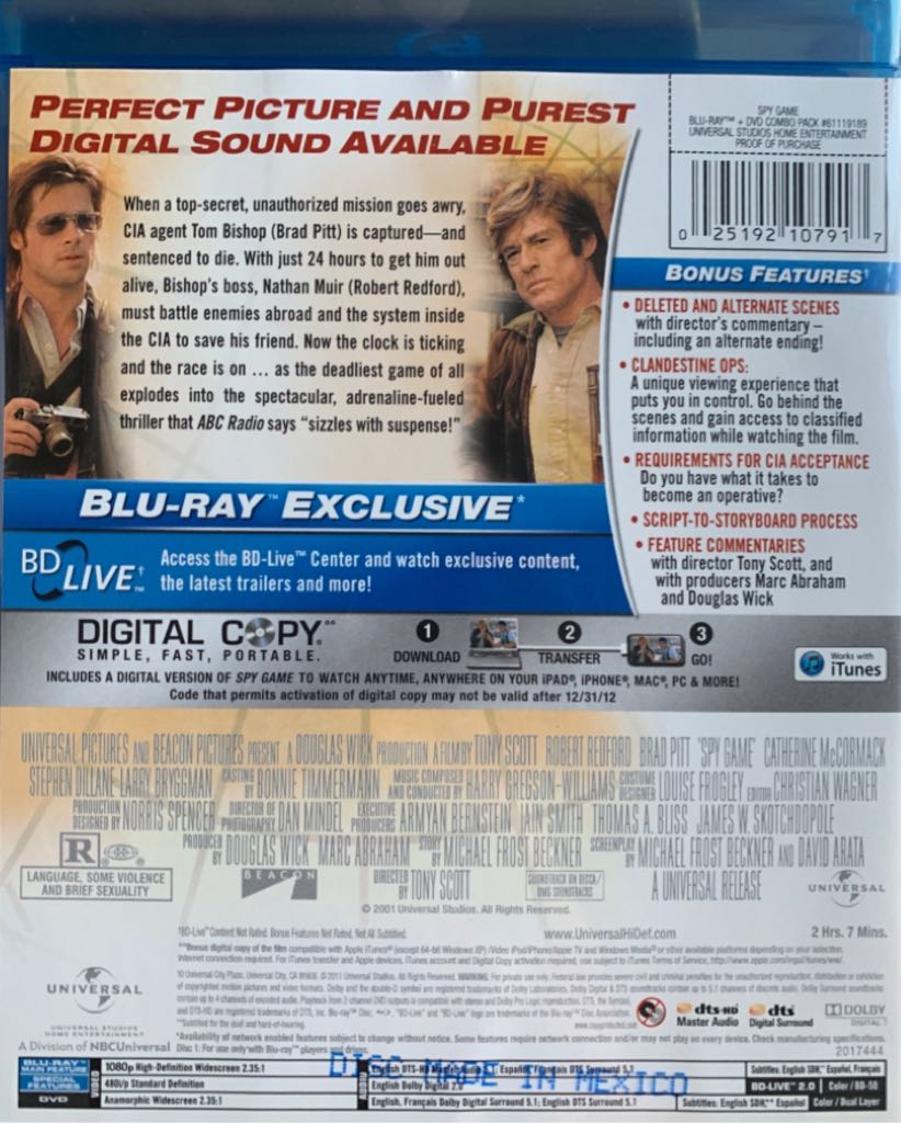 Spy Game Blu-ray movie collectible [Barcode 025192107917] - Main Image 2