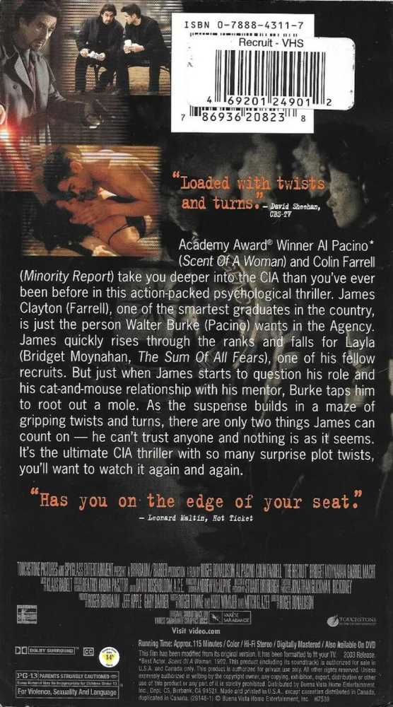 Al Pacino The Recruit VHS movie collectible [Barcode 711719620129] - Main Image 2