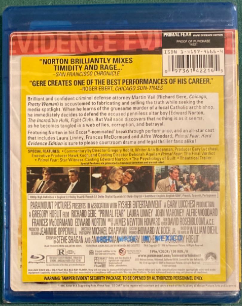 Primal Fear Blu-ray movie collectible [Barcode 097361422145] - Main Image 2