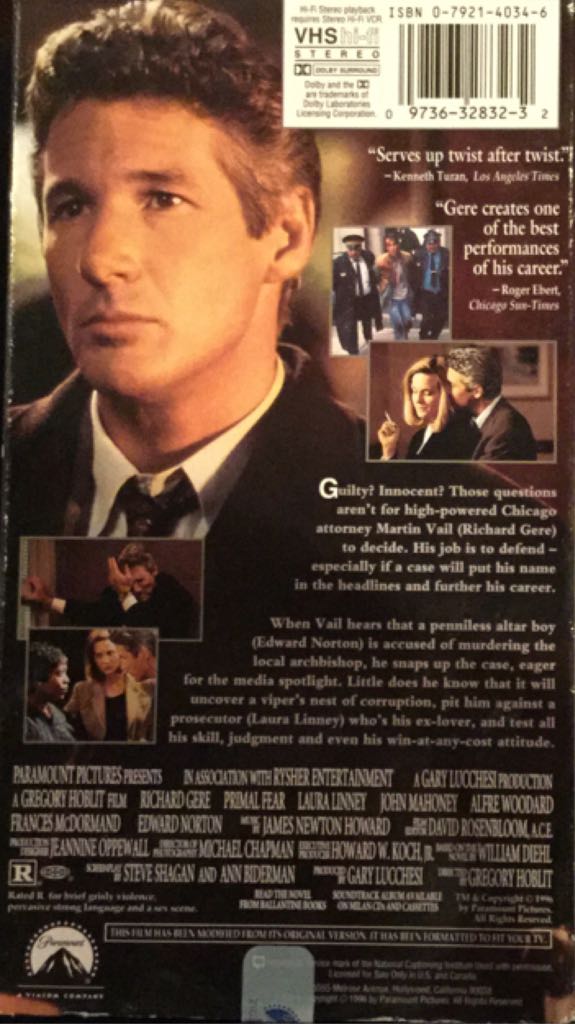 Primal Fear VHS movie collectible [Barcode 097363283232] - Main Image 2