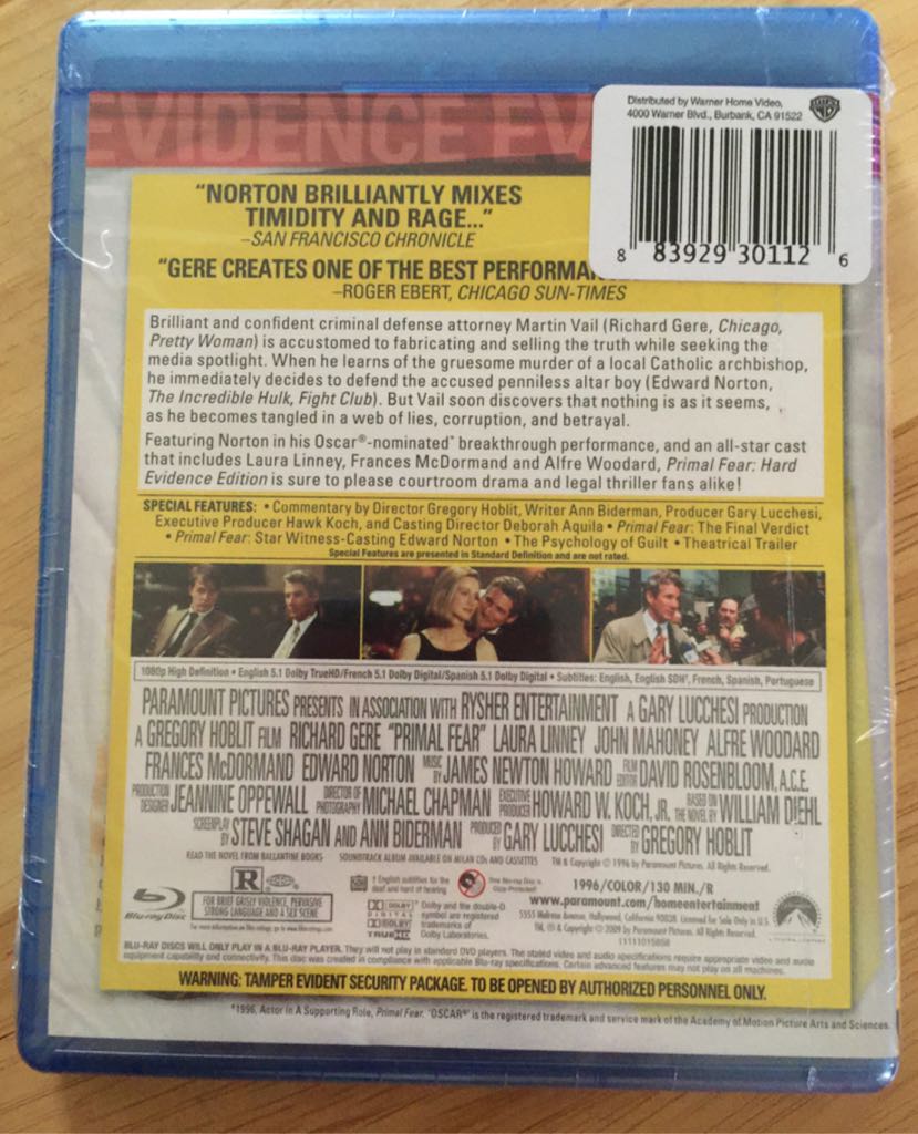 Primal Fear Blu-ray movie collectible [Barcode 883929301126] - Main Image 2