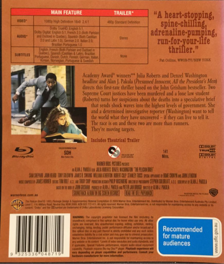 The Pelican Brief Blu-ray movie collectible [Barcode 9325336048719] - Main Image 2