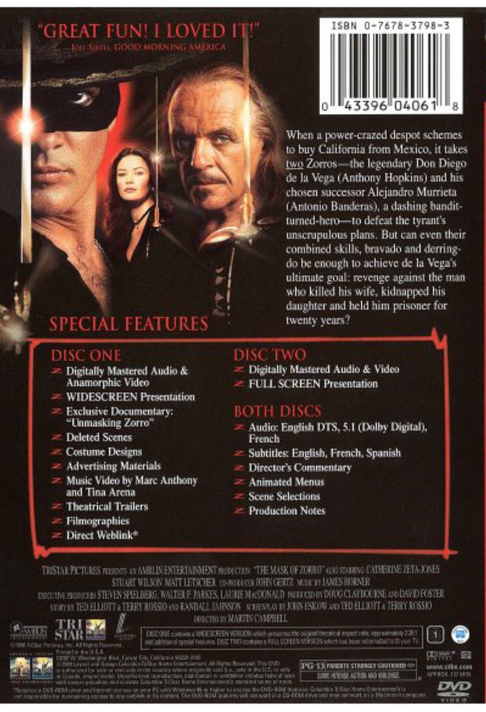 The Mask Of Zorro DVD movie collectible [Barcode 043396047969] - Main Image 2