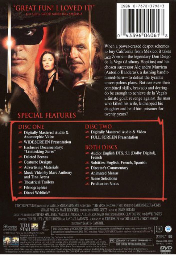 The Mask of Zorro Digital Copy movie collectible [Barcode 043396337206] - Main Image 2