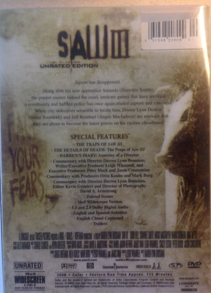 Saw III DVD movie collectible [Barcode 031398208099] - Main Image 2