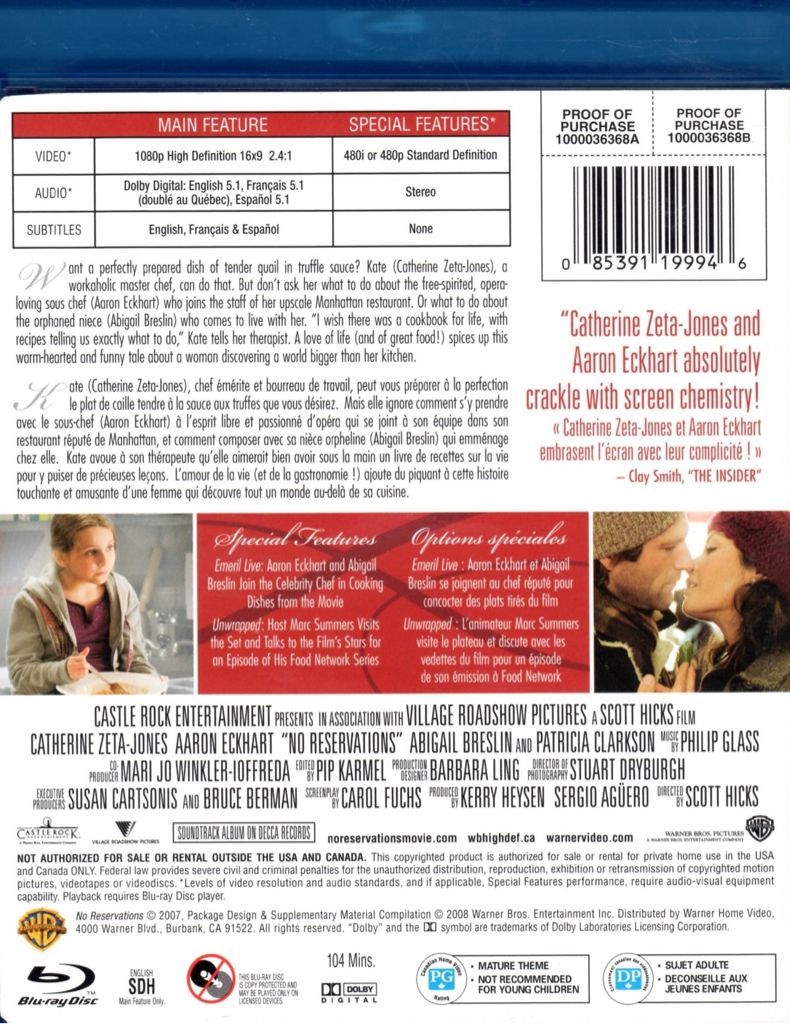 No Reservations Blu-ray movie collectible [Barcode 085391199946] - Main Image 2