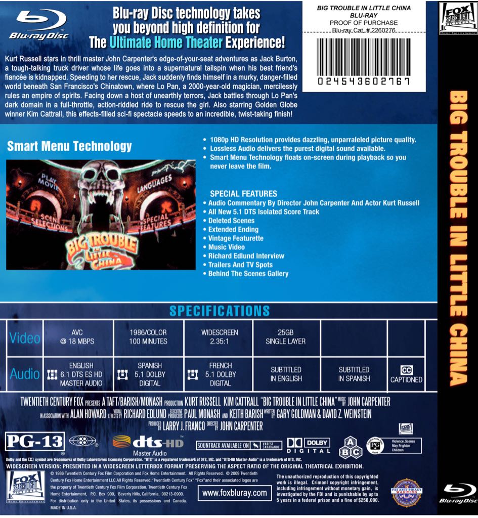 Big Trouble in Little China Blu-ray movie collectible [Barcode 7340112703509] - Main Image 2
