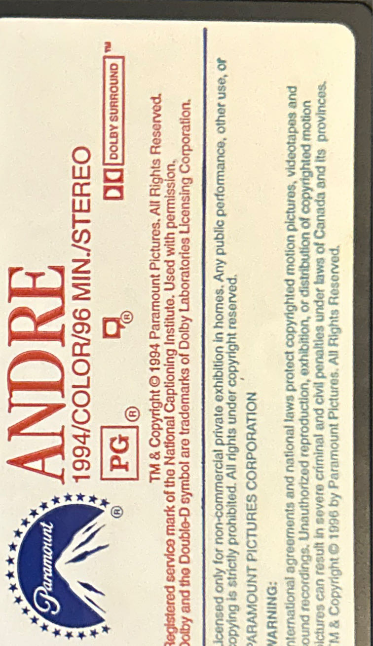 Andre VHS movie collectible [Barcode 097361537733] - Main Image 4