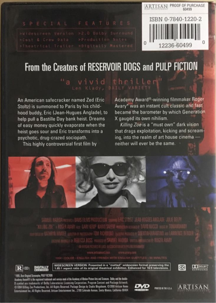 Killing Zoe DVD movie collectible [Barcode 012236604990] - Main Image 2