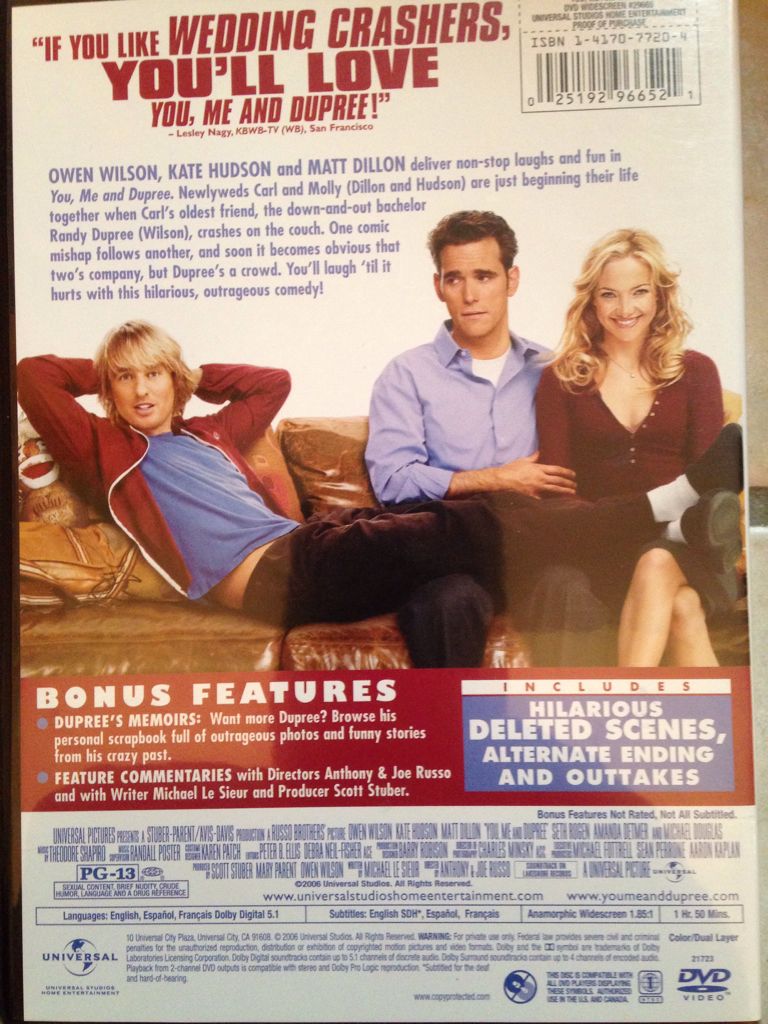 You, Me And Dupree DVD movie collectible [Barcode 025192966521] - Main Image 2