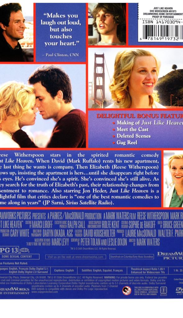 Just Like Heaven (DVD/UPC: 032429283375) Amazon movie collectible [Barcode 032429283375] - Main Image 2