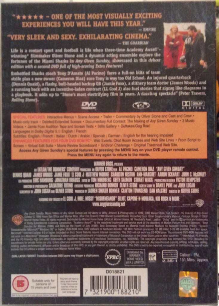 Any Given Sunday DVD movie collectible [Barcode 7321900188210] - Main Image 2
